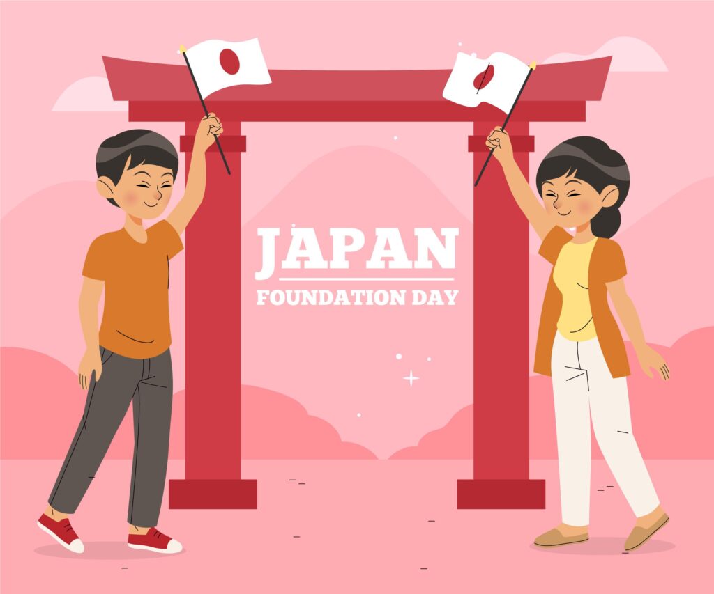 ảnh cặp đôi cầm cờ nhật bản và chào đón, trong ảnh có chữ JAPAN FOUNDATION DAY